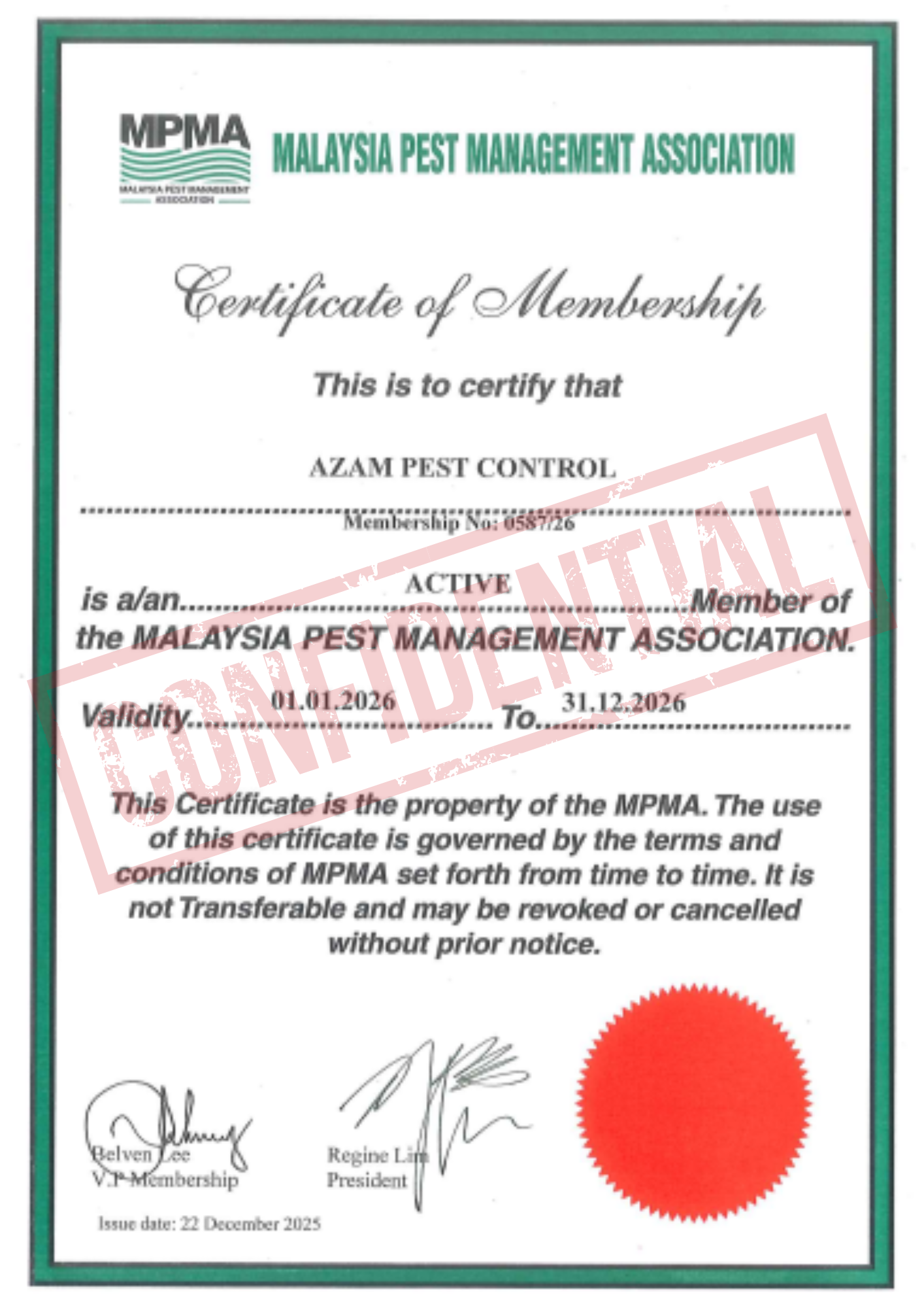 Sijil Kompetensi AZAM Pest Control